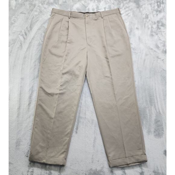 Taylor & Henry Pant Mens 42/30 Brown Pleated Relaxed Cuffed Microfiber Polyester - Picture 1 of 13
